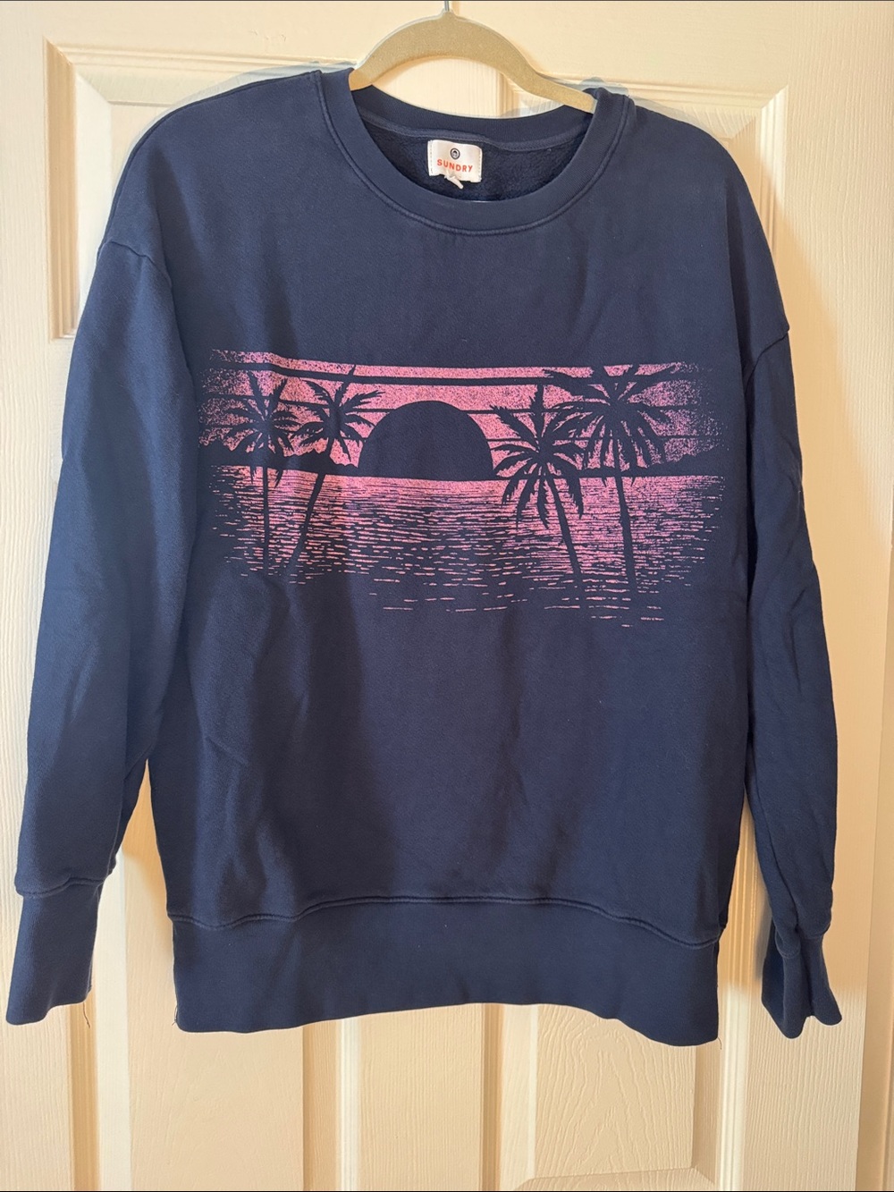 Sundry Navy Crewneck Sweatshirt with Pink Sunset Palm Graphic